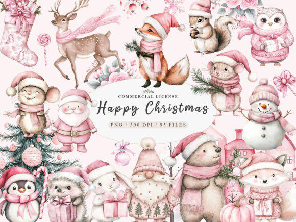 Pink Trendy Christmas Santa Png Bundle,