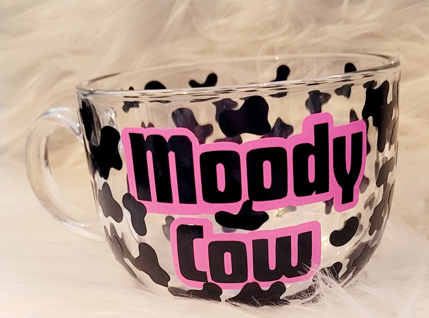 Moody cow glass mug