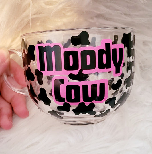 Moody cow glass mug