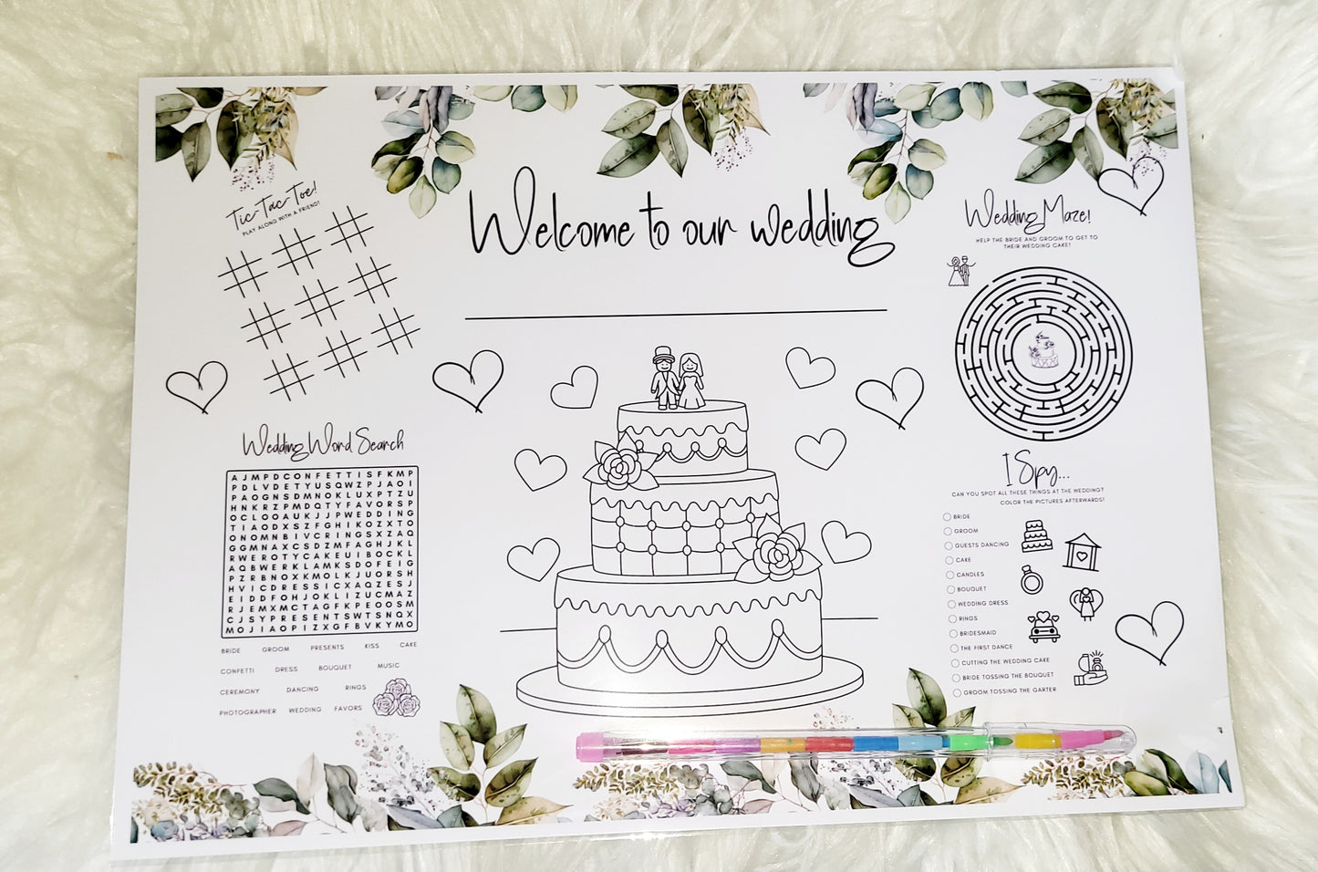 Wedding Kids Activities Placemat with stacking crayon