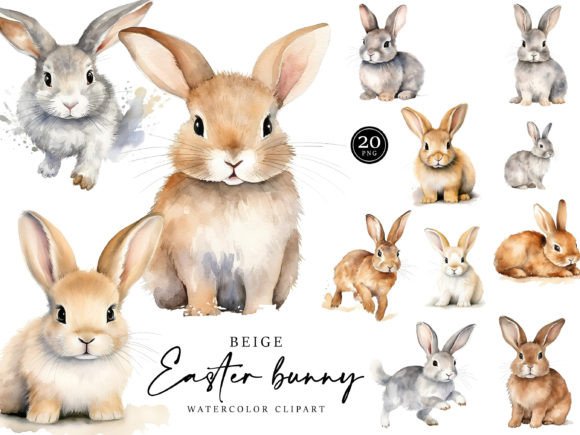 Beige Easter Bunny Clipart Bundle