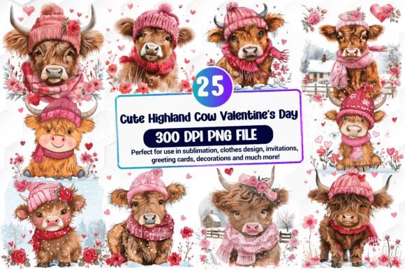 Cute Highland Cow Valentine's Day Clipart