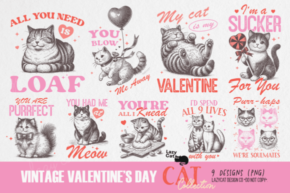 Vintage Valentine's Day Cat PNG Bundle